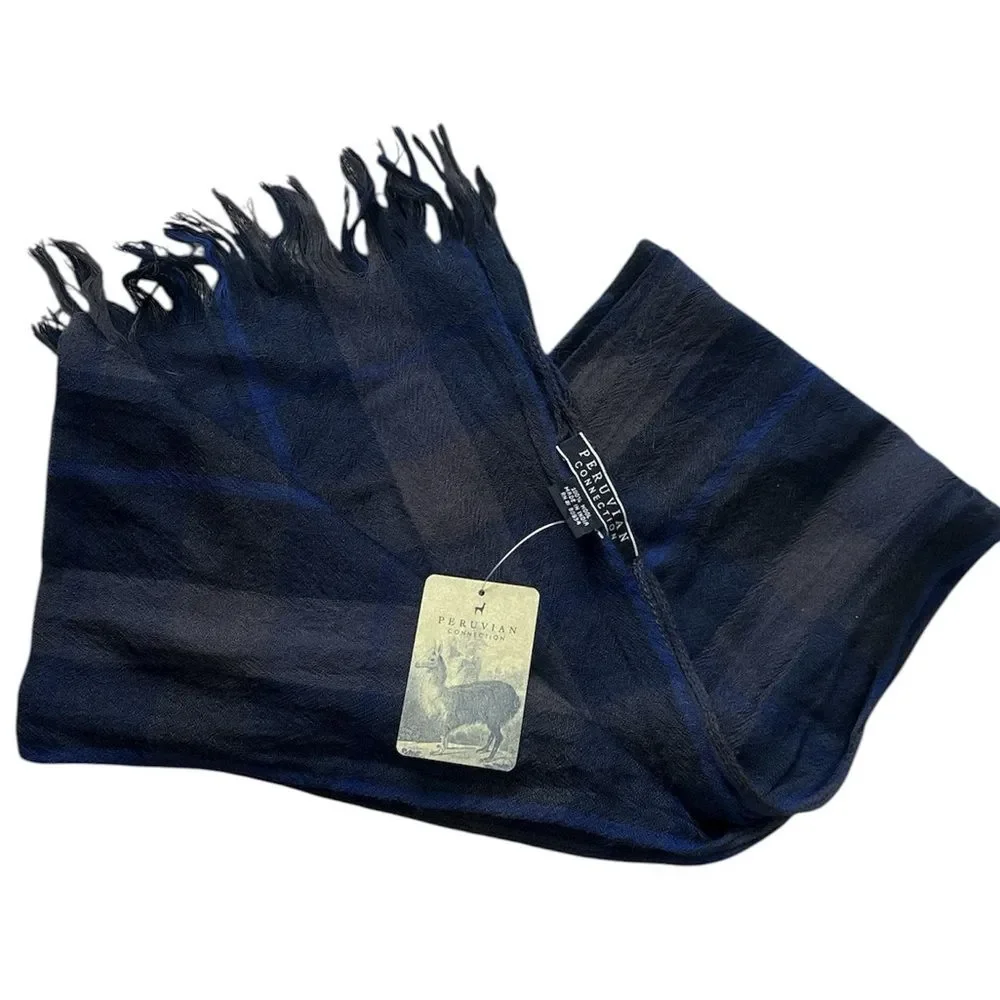 NWT Peruvian Connection Nightshade Plaid 100% Wool Scarf Blue Black Grey